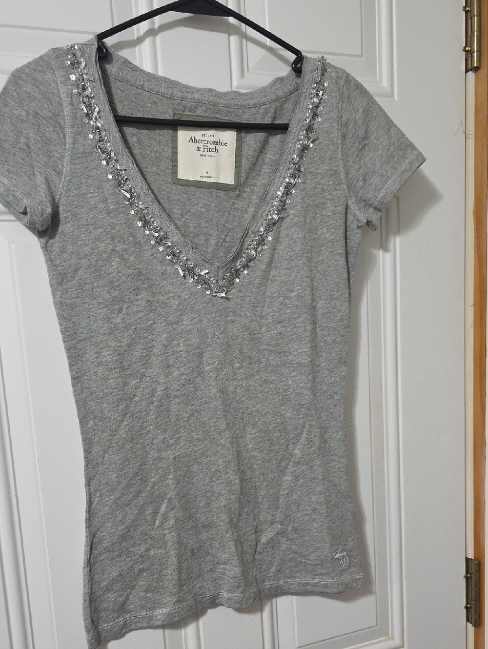 Abercrombie & Fitch Gray V-Neck Tee with Beaded Trim